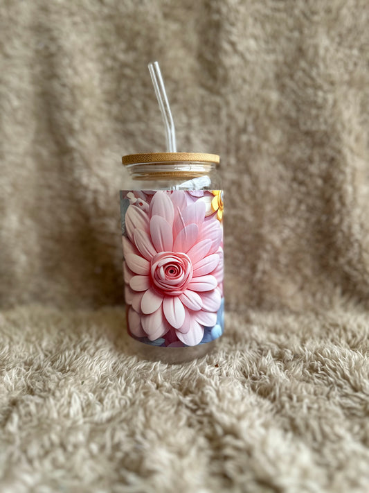 Flower glass tumbler with straw